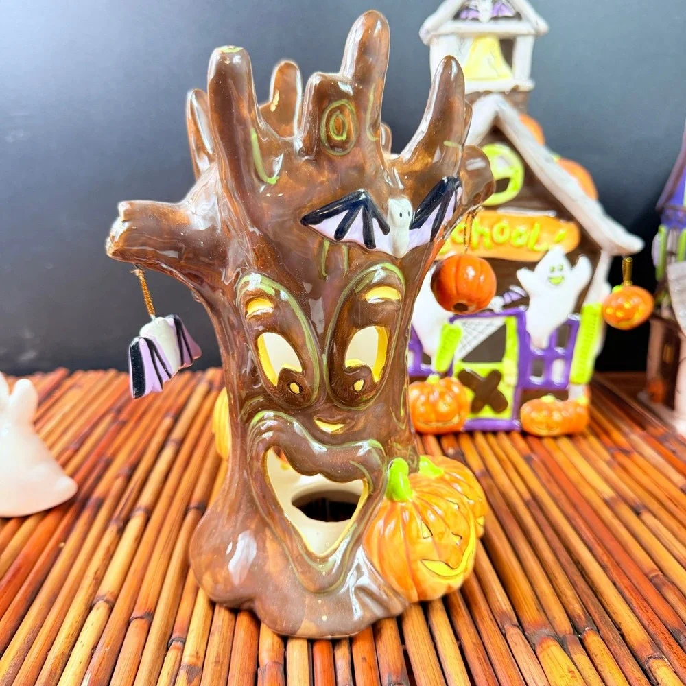 Vintage Halloween Village Set Ceramic JCPenney Haunted House, School 7pc 2003